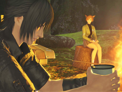 Noctis and the Warrior of Light having tea by a campfire