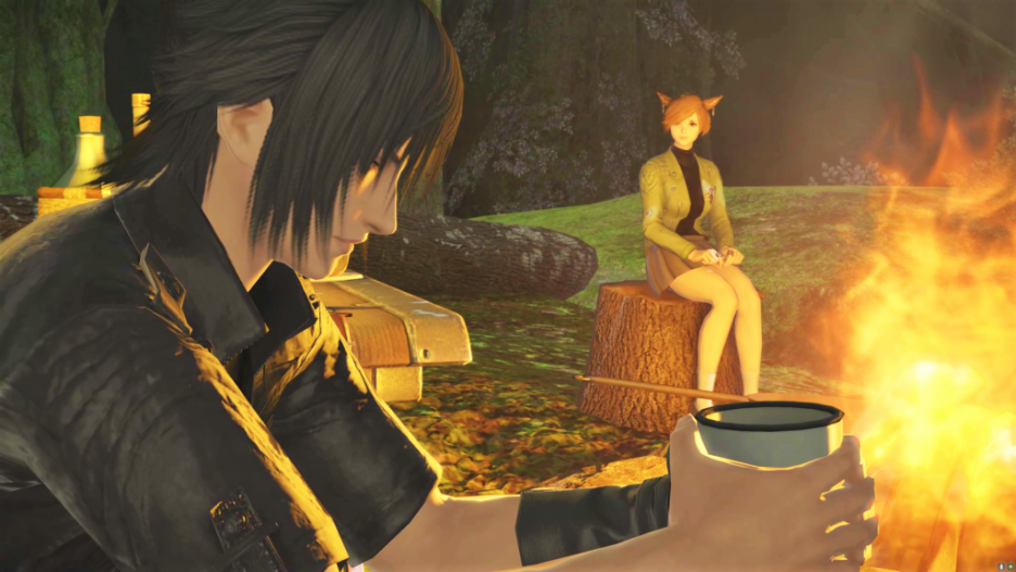 Noctis and the Warrior of Light having tea by a campfire